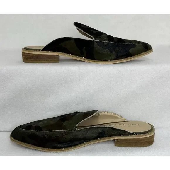 Very Volatile Los Angeles Camo Leather Cow Hair Slip On Mules Flats Sz 7 - Picture 3 of 6